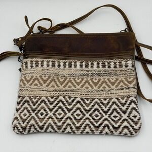 Myra Bag Women Woven Rug Leather Canvas Crossbody Bag Brown Tan S-1206